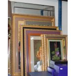 MODERN WALL MIRROR & QUANTITY VARIOUS FRAMED SEWN PICTURES