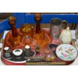 TRAY CONTAINING GLASS DRESSING TABLE SET, CARLTON WARE CRUETS, SPIRIT LEVEL, HORN SPOONS, LIDDED