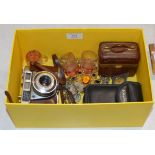 BOX WITH VARIOUS ITEMS, OLD CAMERAS, TRAVEL FLASK SET, COSTUME JEWELLERY, BADGES ETC