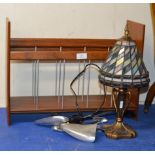 TEAK MAGAZINE RACK, DECORATIVE LAMP & PAIR OF SHOE STRETCHERS