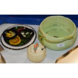 CLARICE CLIFF FRUIT BOWL, CLARICE CLIFF LIDDED PRESERVE JAR & 4 VARIOUS GRISELDA HILL POTTERY (