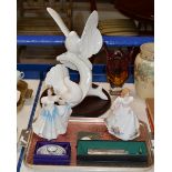 LARGE ROYAL DOULTON IMAGES BIRD DISPLAY & TRAY WITH ROYAL DOULTON FIGURINES, POCKET WATCH, CRYSTAL