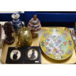 TRAY WITH ORIENTAL WARE, CHINESE BLUE & WHITE VASE, FIGURINE ORNAMENT, BRONZE STYLE BELL, IMARI