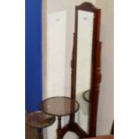 MAHOGANY CHEVAL MIRROR & 2 MAHOGANY WINE TABLES WITH GLASS PRESERVES