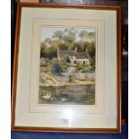 14" X 9¾" FRAMED WATERCOLOUR - DUCKS BY THE RIVER, BY CHRISTOPHER HUGHES