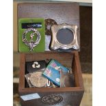 WOODEN BOX WITH SMALL SILVER PICTURE FRAME, SCOTTISH STYLE BROOCH, SMALL QUANTITY COSTUME JEWELLERY,