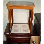 NEST OF 3 MAHOGANY TILE TOP TEA TABLES & SMALL FLIP TOP SEWING TABLE WITH SEWING ACCESSORIES