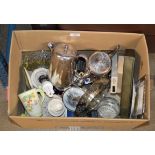 BOX WITH EP WARE, VARIOUS SETS OF CUTLERY, DECORATIVE CUP, EP TRAY ETC