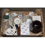 BOX CONTAINING SYLVAC DOG ORNAMENT, COFFEE WARE, CRYSTAL WARE, MINIATURE ORNAMENTS ETC