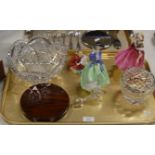 TRAY CONTAINING 3 VARIOUS ROYAL DOULTON FIGURINE ORNAMENTS, CRYSTAL BOWL, FLOWER BASKET ETC