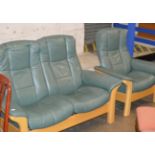 2 PIECE WOODEN FRAMED GREEN LEATHER LOUNGE SUITE COMPRISING 2 SEATER SETTEE & SINGLE ARM CHAIR