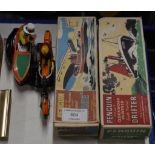 2 X 1950'S PENGUIN CLOCKWORK BOATS WITH BOXES & VINTAGE TIN PLATE MOTOR CYCLE TOY