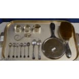 TRAY CONTAINING ASSORTED SILVER WARE, BRUSH & MIRROR, VARIOUS SPOONS, NAPKIN RINGS ETC