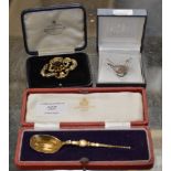 SILVER-GILT CORONATION SPOON IN BOX, VICTORIAN YELLOW METAL BROOCH & PAIR OF SILVER EARRINGS