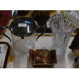 ARTS & CRAFTS STYLE DOUBLE HANDLED LIDDED JAR, CUT CRYSTAL VASE & SMALL CARLTON WARE LIDDED BOX