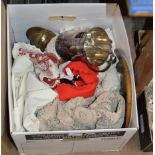 BOX CONTAINING QUANTITY LINEN, EP WARE, BRASS VASES ETC