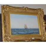 12½" X 19" GILT FRAMED WATERCOLOUR - SAIL BOAT AT SEA, BY PATRICK DOWNIE RSW