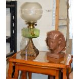 NEST OF 3 REPRODUCTION YEW WOOD TEA TABLES, PARAFFIN LAMP & DECORATIVE EGYPTIAN BUST