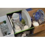 3 BOXES WITH STEM GLASSES, STORAGE JARS, CRYSTAL WARE, MIXED CERAMICS & GENERAL BRIC-A-BRAC