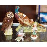 LARGE BESWICK PHEASANT ORNAMENT, DOULTON OWL DECANTER, SMALL BESWICK BIRD & GOEBEL FIGURINE