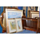 MAGAZINE RACK, MAHOGANY FRAMED WALL MIRROR & VARIOUS FRAMED PICTURES