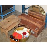 CASED PAIR OF BINOCULARS, WOODEN STOOL, JELLY PAN, 2 VINTAGE TOYS, LEATHER CASE & WALL MIRROR