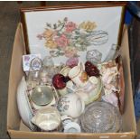 BOX WITH CUT CRYSTAL WARE, VARIOUS FIGURINE ORNAMENTS, FRAMED PICTURE, VARIOUS GLASS WARE ETC