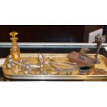 TRAY CONTAINING AMBER GLASS LIDDED SCENT BOTTLE, PAIR OF KNIFE RESTS, LOOSE CUTLERY, BLACK FORREST