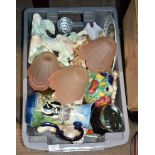 BOX WITH VARIOUS FIGURINE ORNAMENTS, DECORATIVE POTTERY JUG, PINS, GLASS SHADES & GENERAL BRIC-A-