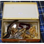 BOX WITH ASSORTED JEWELLERY, VARIOUS WRIST WATCHES, COMMEMORATIVE COIN, LUCKENBOOTH BROOCH PIN ETC