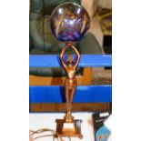 ART DECO STYLE COPPER FINISHED FIGURINE TABLE LAMP WITH GLOBULAR GLASS SHADE