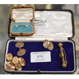 BAR BROOCH, PAIR OF 15 CARAT GOLD & SEED PEARL STUDS & VARIOUS 9 CARAT GOLD CUFFLINKS -