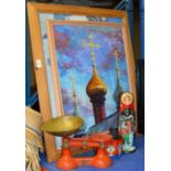 2 FRAMED PAINTINGS, RUSSIAN STYLE DOLL, SET OF OLD SCALES