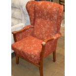 MODERN WOODEN FRAMED WING BACK FIRE SIDE CHAIR