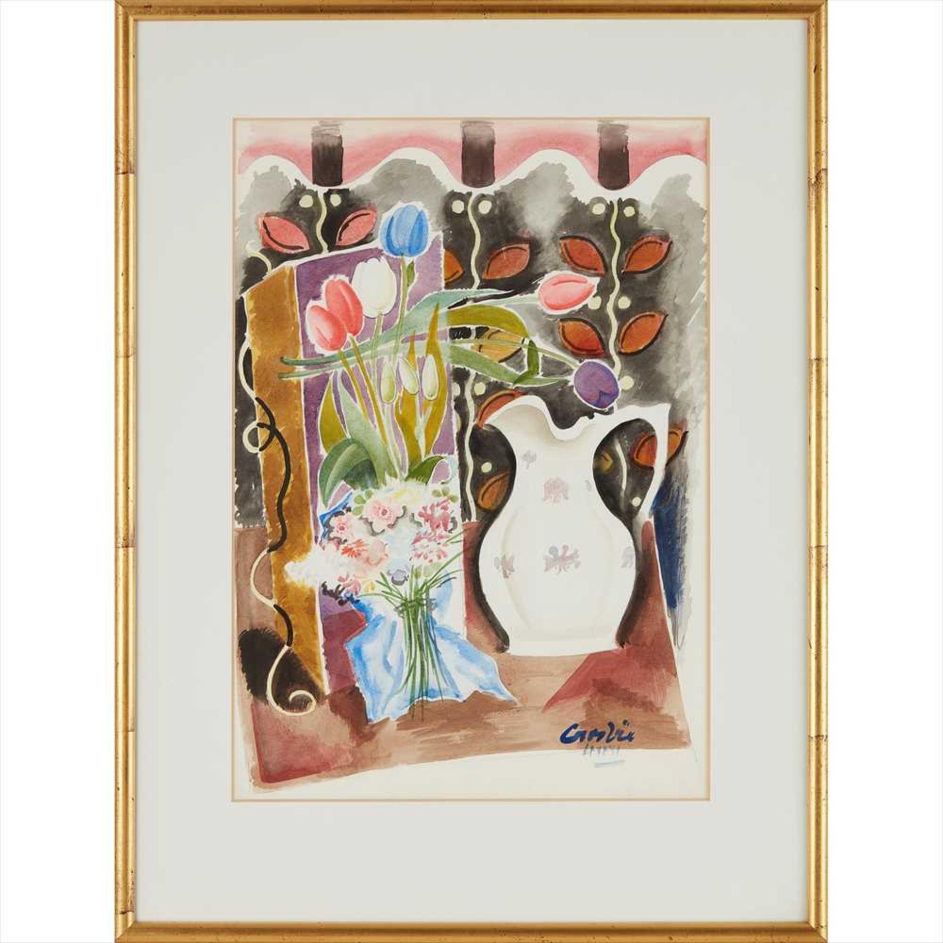 § William Crosbie R.S.A. (Scottish 1915-1999) Still-life: Jug with Tulips - 1986 Signed and dated, - Image 2 of 2