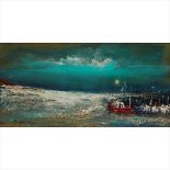 § NAEL HANNA (IRAQUI/SCOTTISH B.1959) FISHING BOATS Signed, oil on board (Dimensions: 29cm x 59cm (