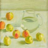 § John Cunningham (Scottish 1927-2000) Still-Life with Glass Jug and Apples Signed, oil on canvas (