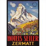 FRANCOIS GOS (1880-1942) HOTELS SEILER, ZERMATT lithograph, 1932, condition B+/A-; backed on