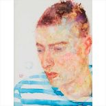 § JENNIFER MCRAE R.S.A. (SCOTTISH B.1959) BOY IN STRIPED T-SHIRT Signed and dated '02,
