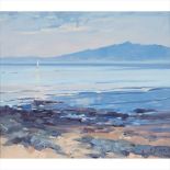 § Helen M. Turner (Scottish B.1937) Silver Sea, Arran Signed, oil on canvas (Dimensions: 64cm x 75cm