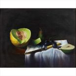 § DAVID WARRILOW (SCOTTISH B.1956) Still Life with Melon Inscribed and dated 1988/89 verso, oil on