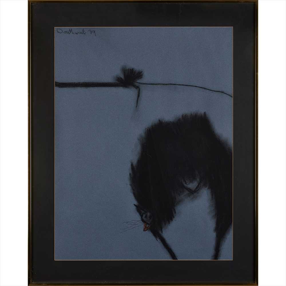 § PAT DOUTHWAITE (SCOTTISH 1939-2002) CREATURE Signed and dated '79, charcoal and pastel on blue - Image 2 of 2