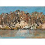 Jamie Boyd (Australian B.1948) River landscape Signed, oil on board (Dimensions: 26.5cm x 37.5cm (