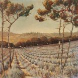 § JOHN HAMMOND (20TH CENTURY BRITISH) LATE AFTERNOON, LAVENDER FIELD Signed, acrylic on board (