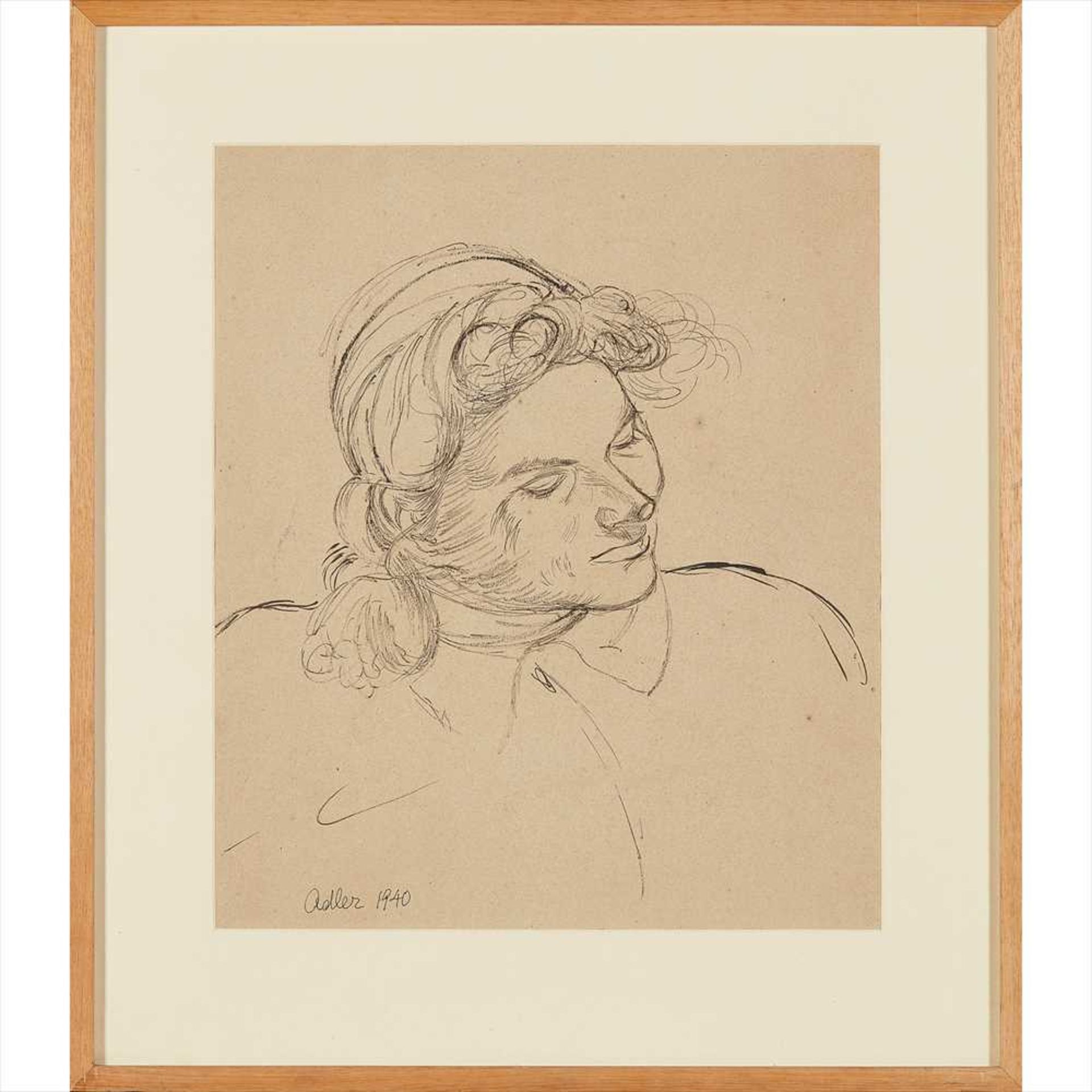 § Jankel Adler (Polish 1895-1949) Portrait - Smiling Woman Signed and dated 1940, indian ink on buff - Image 2 of 2