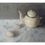 § SERENA ROWE (SCOTTISH CONTEMPORARY) TEAPOT AND TWO DUCK EGGS Signed, signed and inscribed verso,