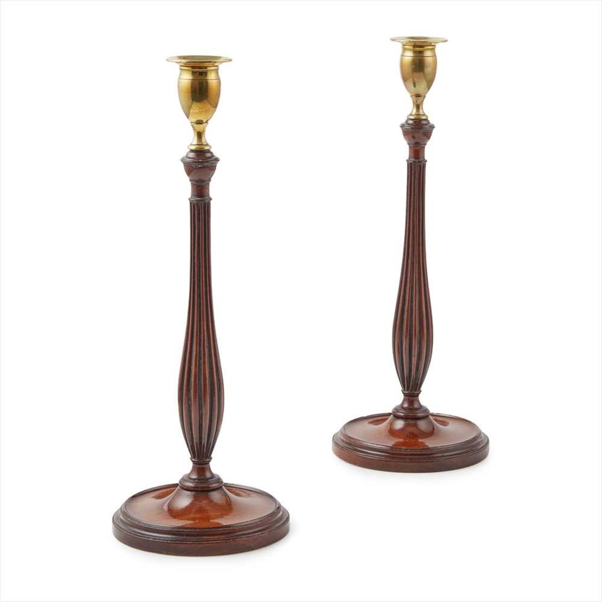 PAIR OF GEORGIAN MAHOGANY AND BRASS CANDLESTICKS LATE 18TH/ EARLY 19TH CENTURY