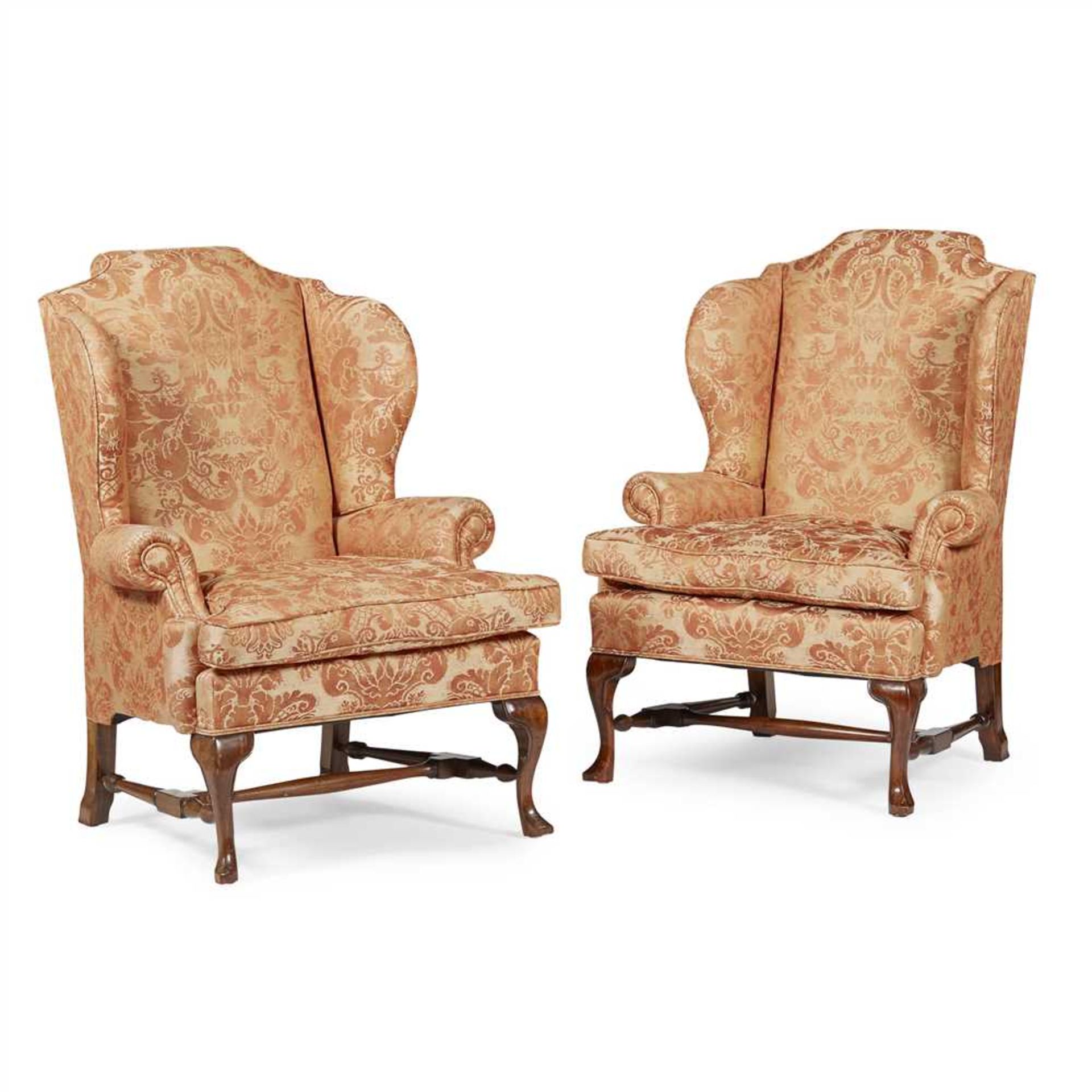 PAIR OF GEORGE I STYLE MAHOGANY WING ARMCHAIRS MODERN