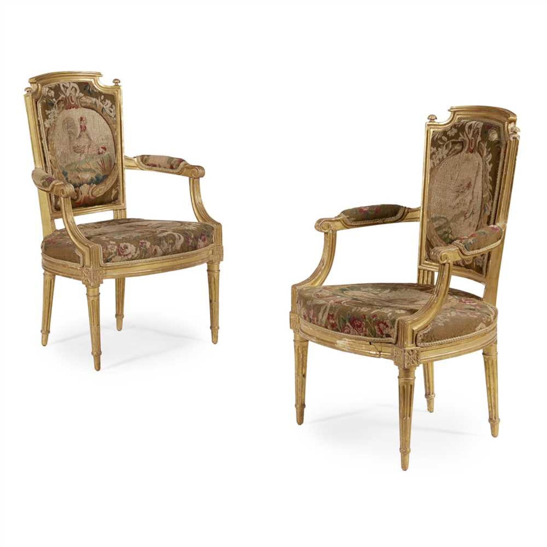 PAIR OF LOUIS XVI GILTWOOD AND AUBUSSON TAPESTRY FAUTEUILS 18TH CENTURY