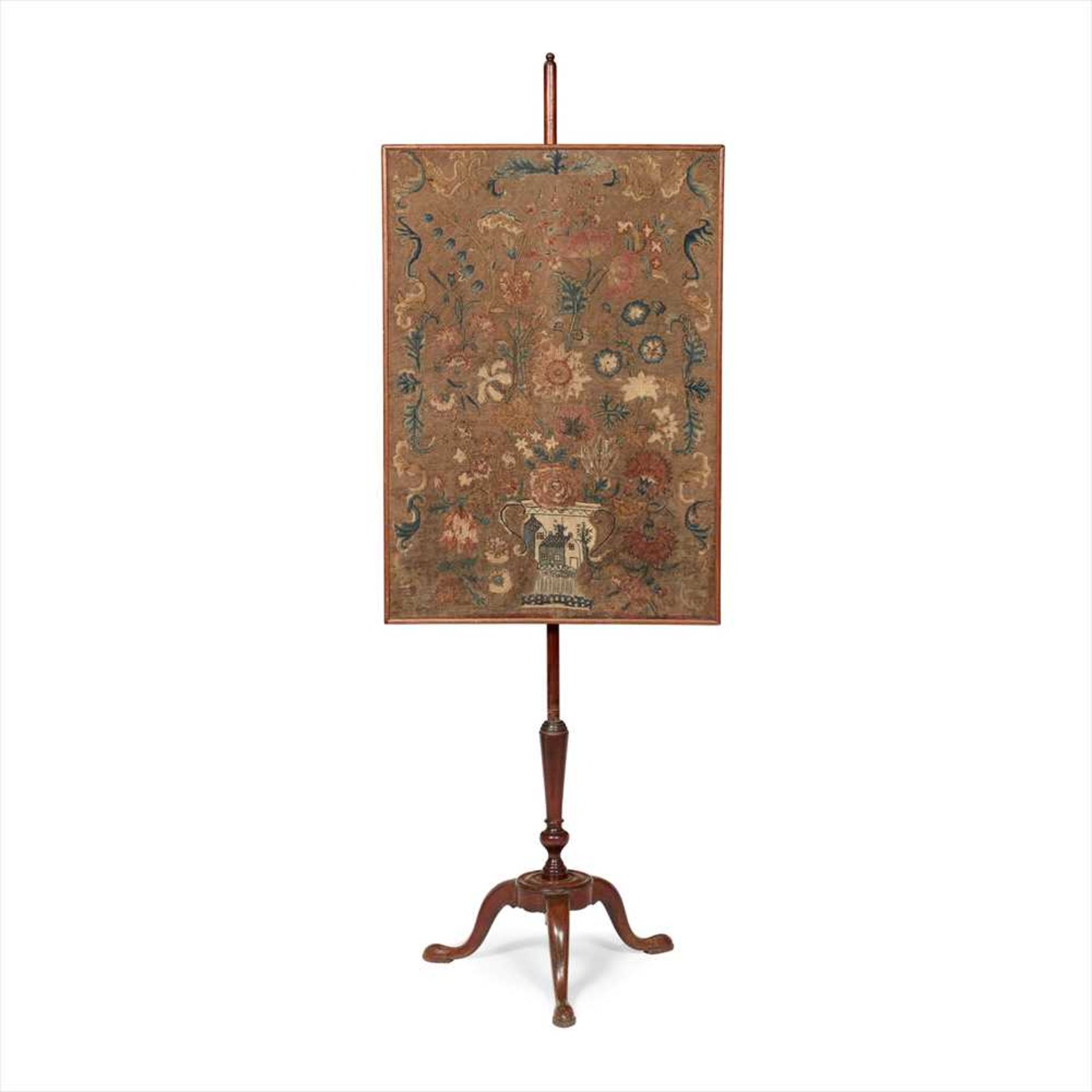 GEORGE III MAHOGANY AND NEEDLEWORK POLE SCREEN 18TH CENTURY